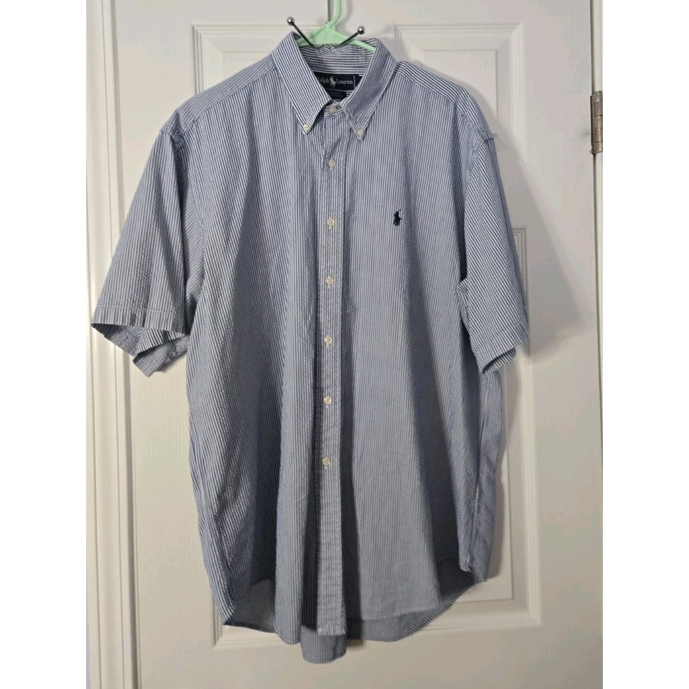 Ralph Lauren Shirt Mens XL Blue Check Seersucker Short Sleeve Button Down Casual